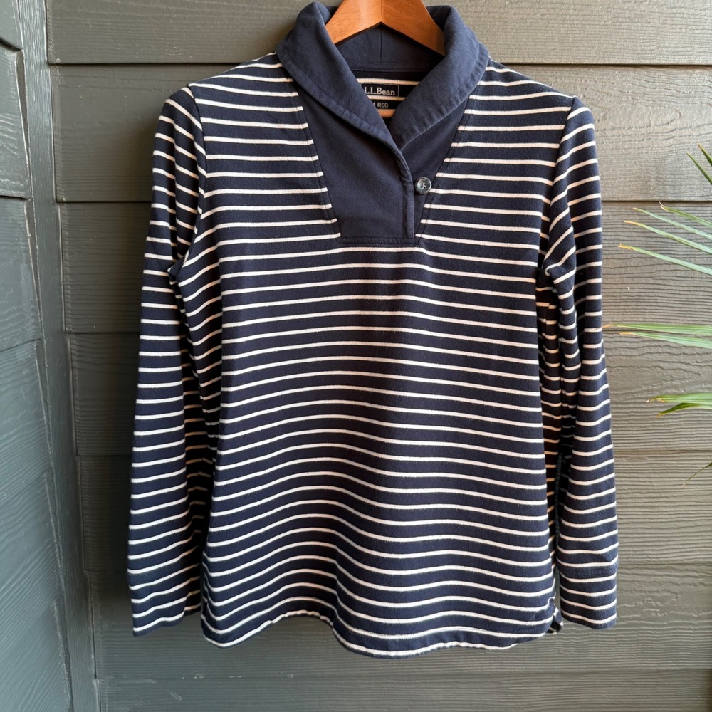 L.L.Bean Striped Shawl Collar Pullover Sweatshirt Navy Women's Medium Reg